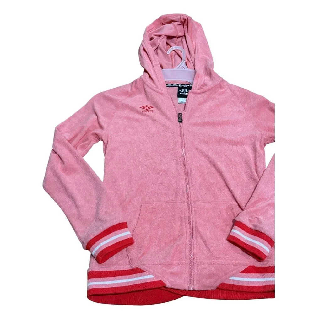 NWT Umbro Girls XL‎ 14/16 Hooded Track Jacket Pink Red Trim Terry Cloth Full Zip